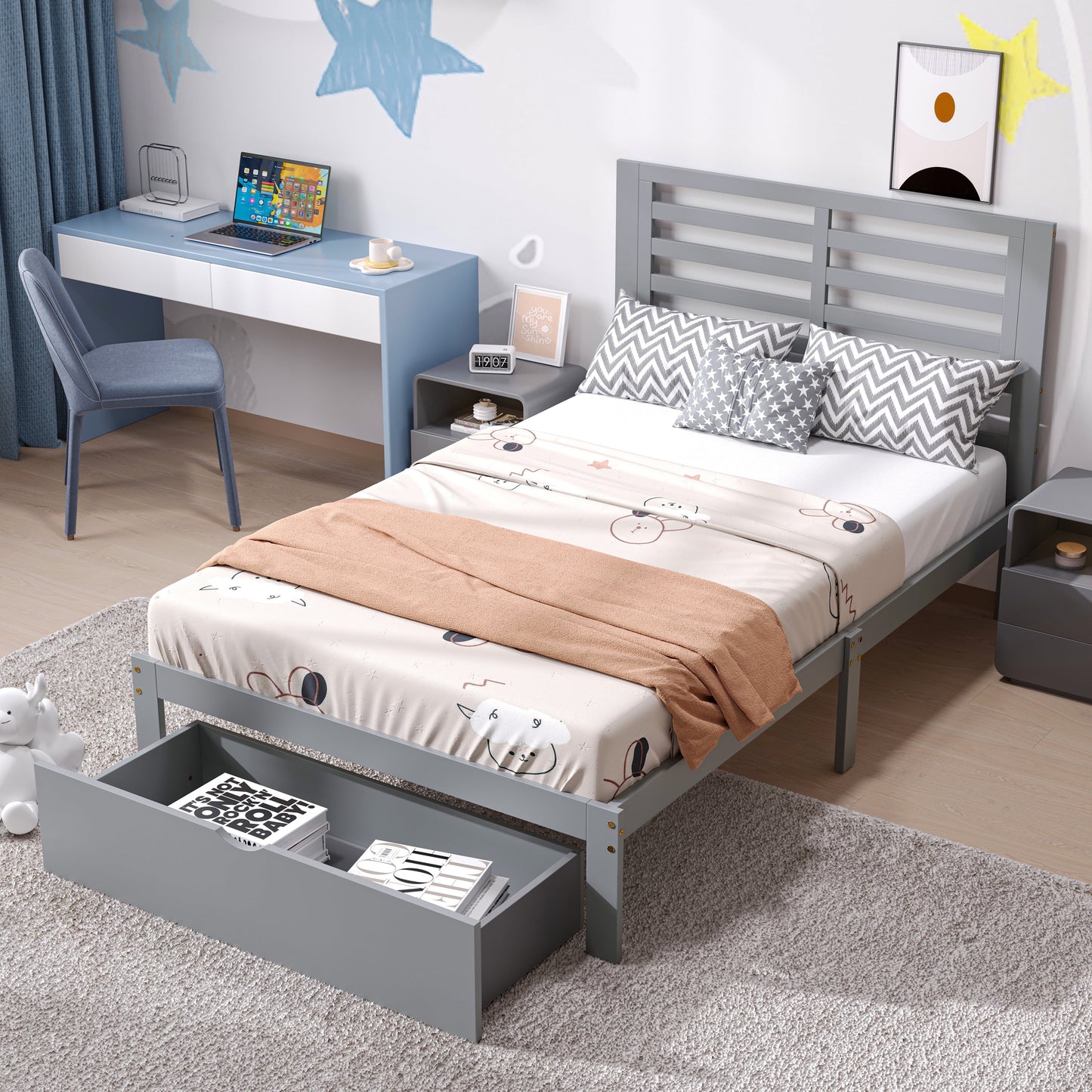 UHOMEPRO Twin Kids Platform Bed Frame with Headboard, Wood Twin Bed Frame Storage Bed for Bedroom, Modern Twin Size Bed Frame with Drawer, Wood Slats Support, No Box Spring Needed, Gray