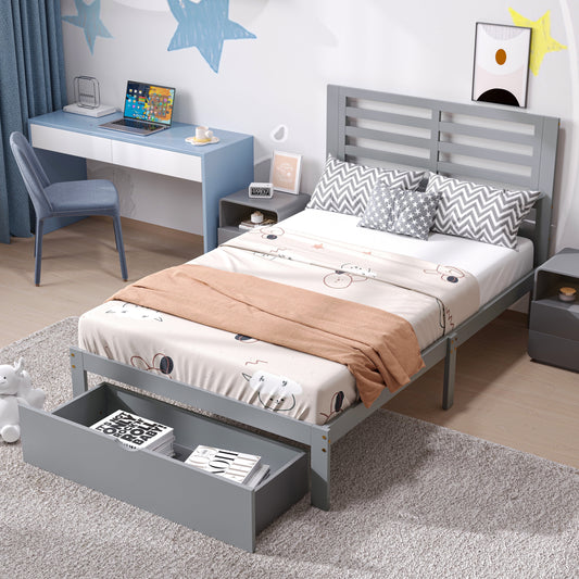 UHOMEPRO Twin Kids Platform Bed Frame with Headboard, Wood Twin Bed Frame Storage Bed for Bedroom, Modern Twin Size Bed Frame with Drawer, Wood Slats Support, No Box Spring Needed, Gray