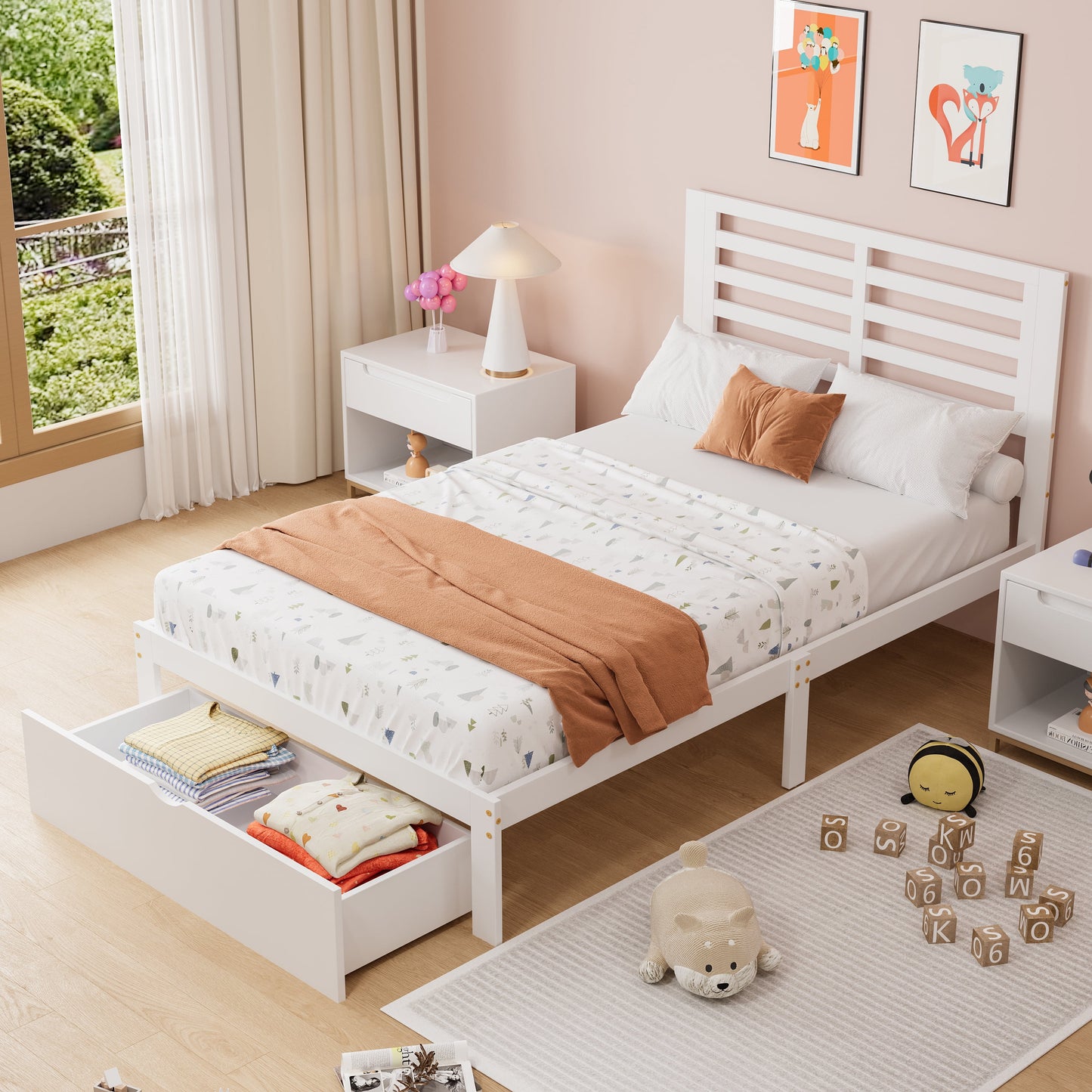 UHOMEPRO Twin Kids Platform Bed Frame with Headboard, Wood Twin Bed Frame Storage Bed for Bedroom, Modern Twin Size Bed Frame with Drawer, Wood Slats Support, No Box Spring Needed, White