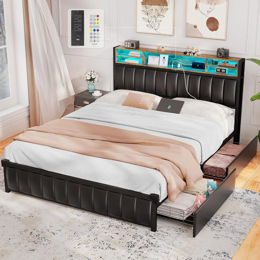 Alohappy Queen Size Bed Frame with Bookcase Headboard, Charging Station, Upholstered LED & 4 Storage Drawers