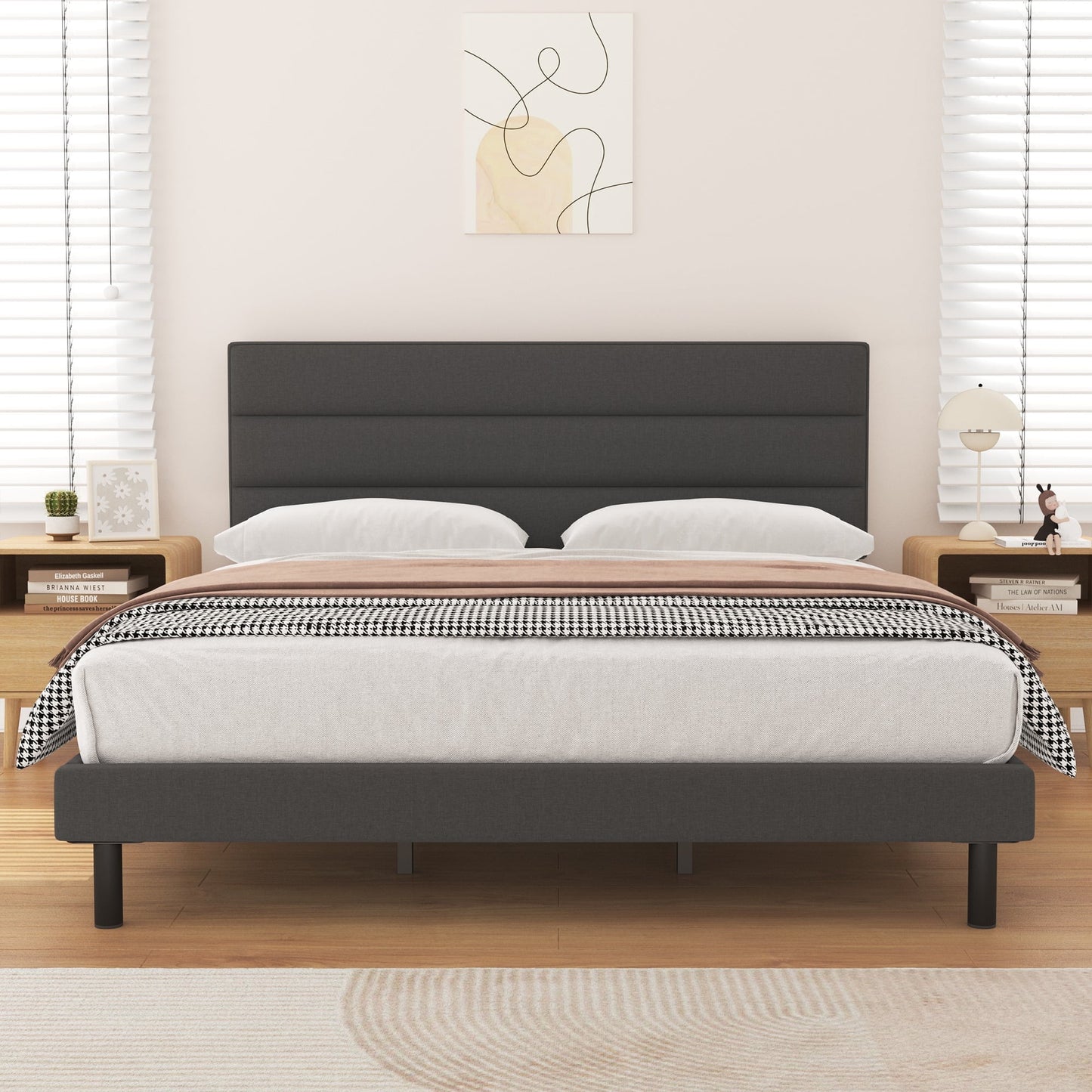 HAIIDE Queen Bed Frame with Upholstered Fabric Headboard and Sturdy Construction, Easy Assembly, Dark Grey