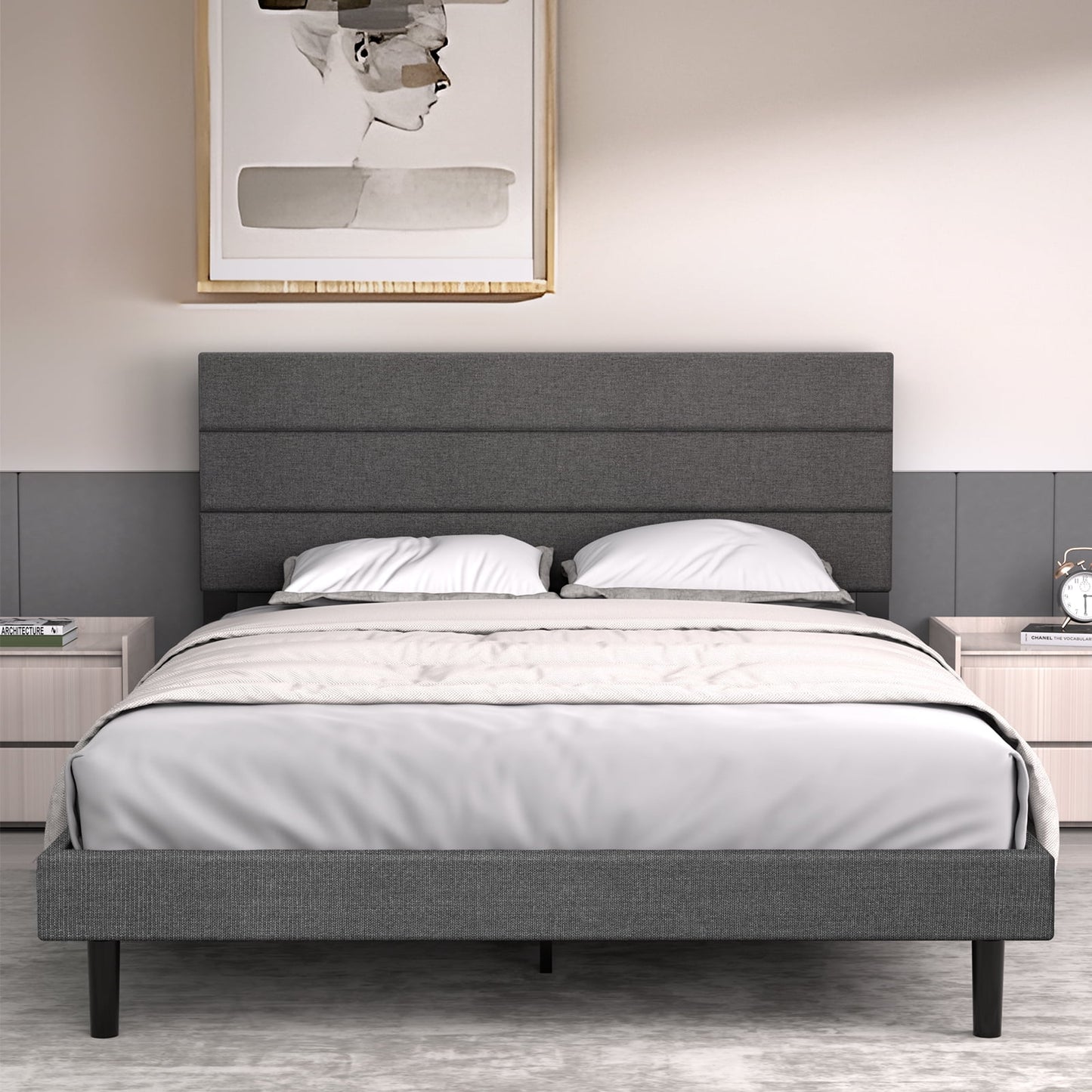 LAFGUR Full Size Platform Bed Frame with Fabric Upholstered Headboard and Wooden Slats Support, Fully Upholstered Mattress Foundation/No Box Spring Needed/Easy Assembly, Dark Grey