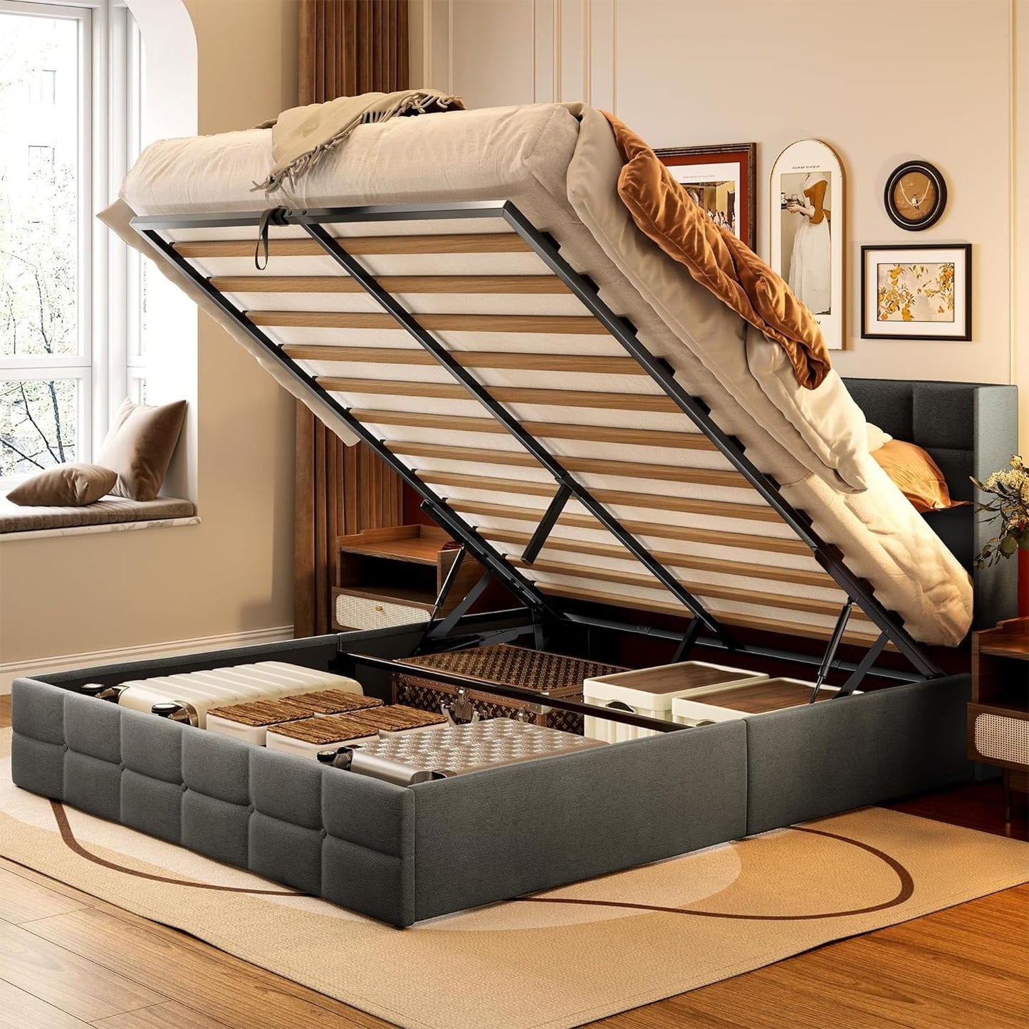 Lofka Gray Queen Size Lift Up Platform Bed Frame with Wingback Headboard and Storage