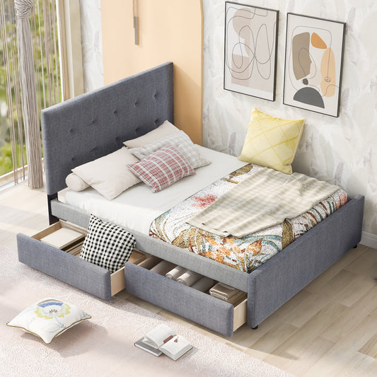 BTMWAY Queen Size Upholstered Linen Platform Bed with Storage, Drawers, No Box Spring Required, Gray