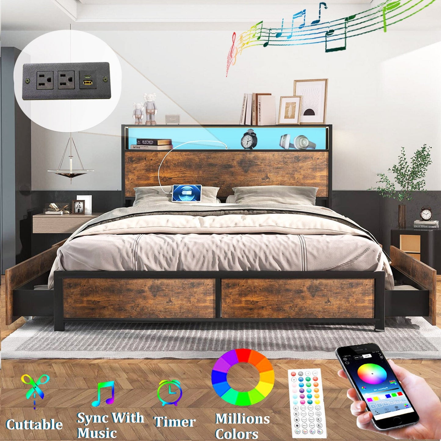LED Queen Bed Frame with Power Charging Station & 4 Drawers, Metal Platform Bed with 2 Layer Storage Headboard(Brown-Queen)