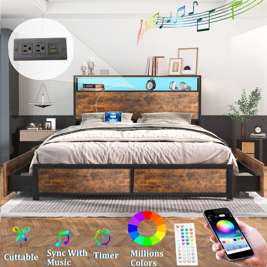 LED Queen Bed Frame with Power Charging Station & 4 Drawers, Metal Platform Bed with 2 Layer Storage Headboard(Brown-Queen)