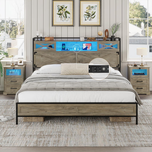 Mabor Queen Size Farmhouse Bed Frame with LED Lights, Charging Station and Storage, Rustic Oak Finish