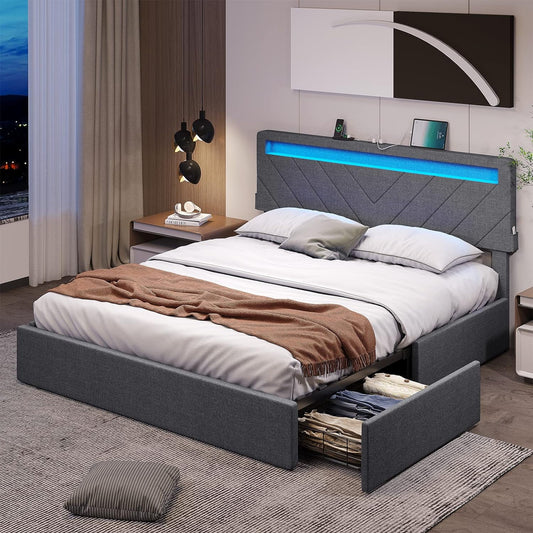 DICTAC Queen Bed Frame, Dark Grey Upholstered Platform with LED Headboard, USB Station & 4 Drawers, No Box Spring Needed