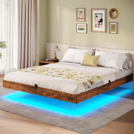 Modern Bedroom Floating Queen Size Bed Frame with Smart RGB LED Lights, Solid & Stable Platform, Industrial Style