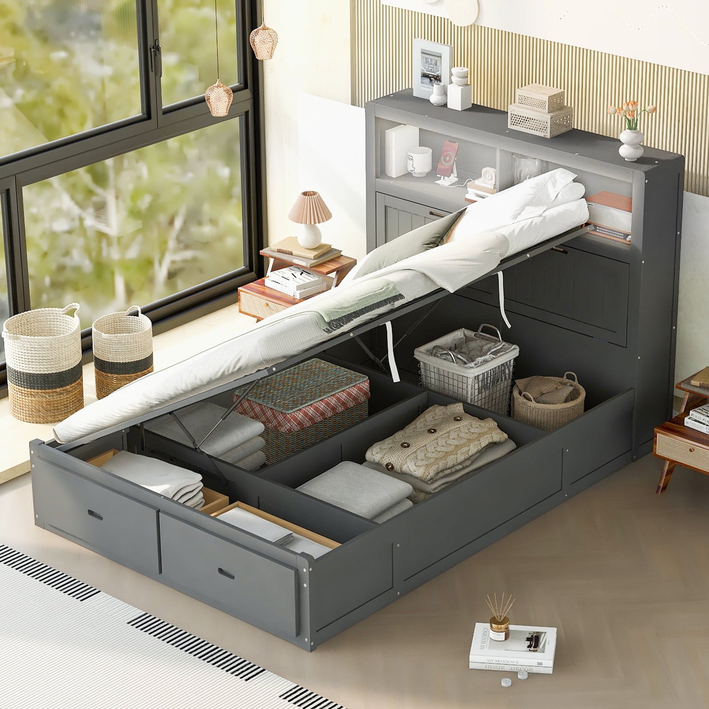 EUROCO Queen Size Platform Bed with Lift up Storage and LED Headboard, USB Charging Station and 2 Drawers, Gray