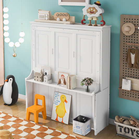 White Queen Size Murphy Bed with Desk, Solid Wood, No Spring Box Needed