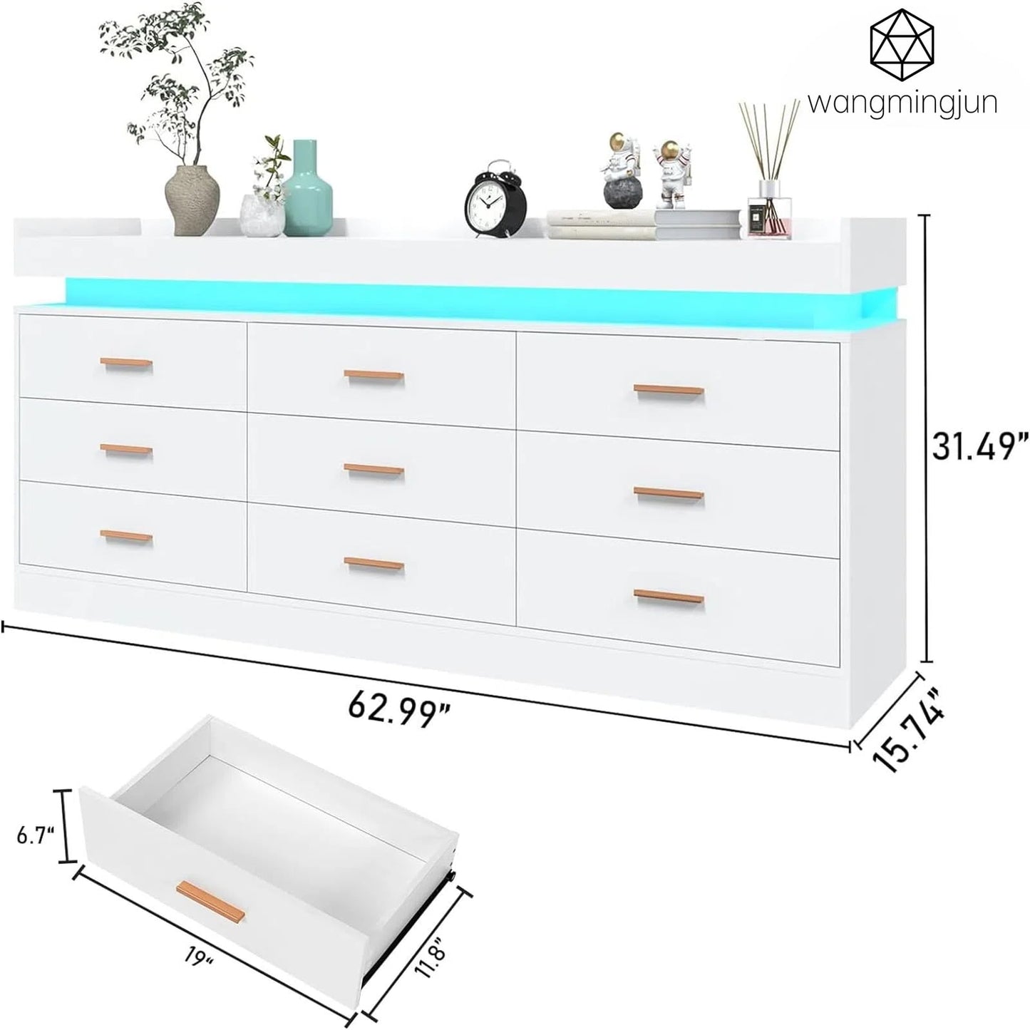 Modern 9-Drawer Dresser with LED Light, Wide Drawer Organizer Cabinet for Bedroom, Closet, Entryway, Hallway (White)