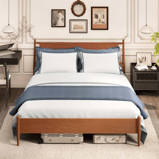 Hommow Modern Solid Wood Platform Bed, Bed Frame with Headboard, Solid Wood Bed Frame with Wood Slat Support, King, Orange