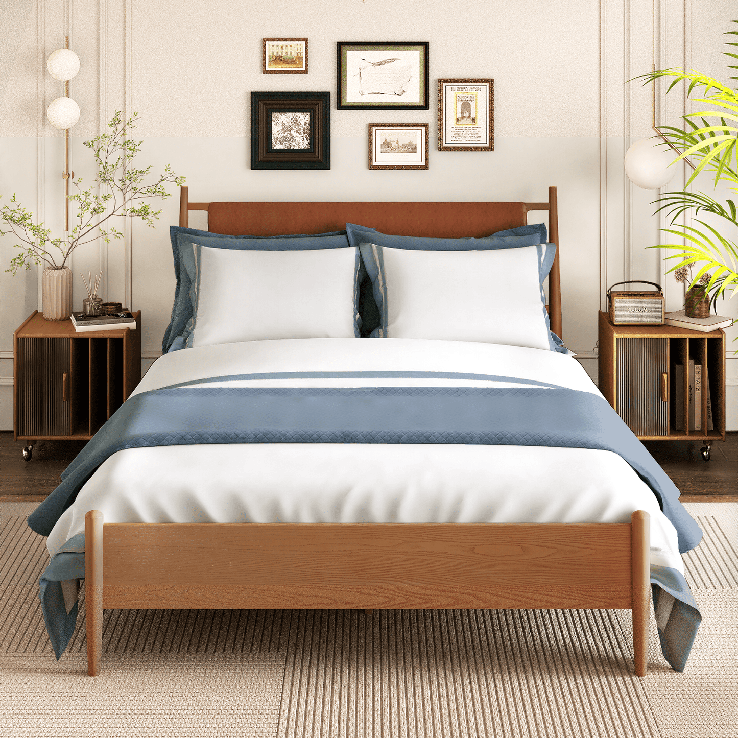 Hommow Modern Solid Wood Platform Bed, Bed Frame with Headboard, Solid Wood Bed Frame with Wood Slat Support, Queen, Orange