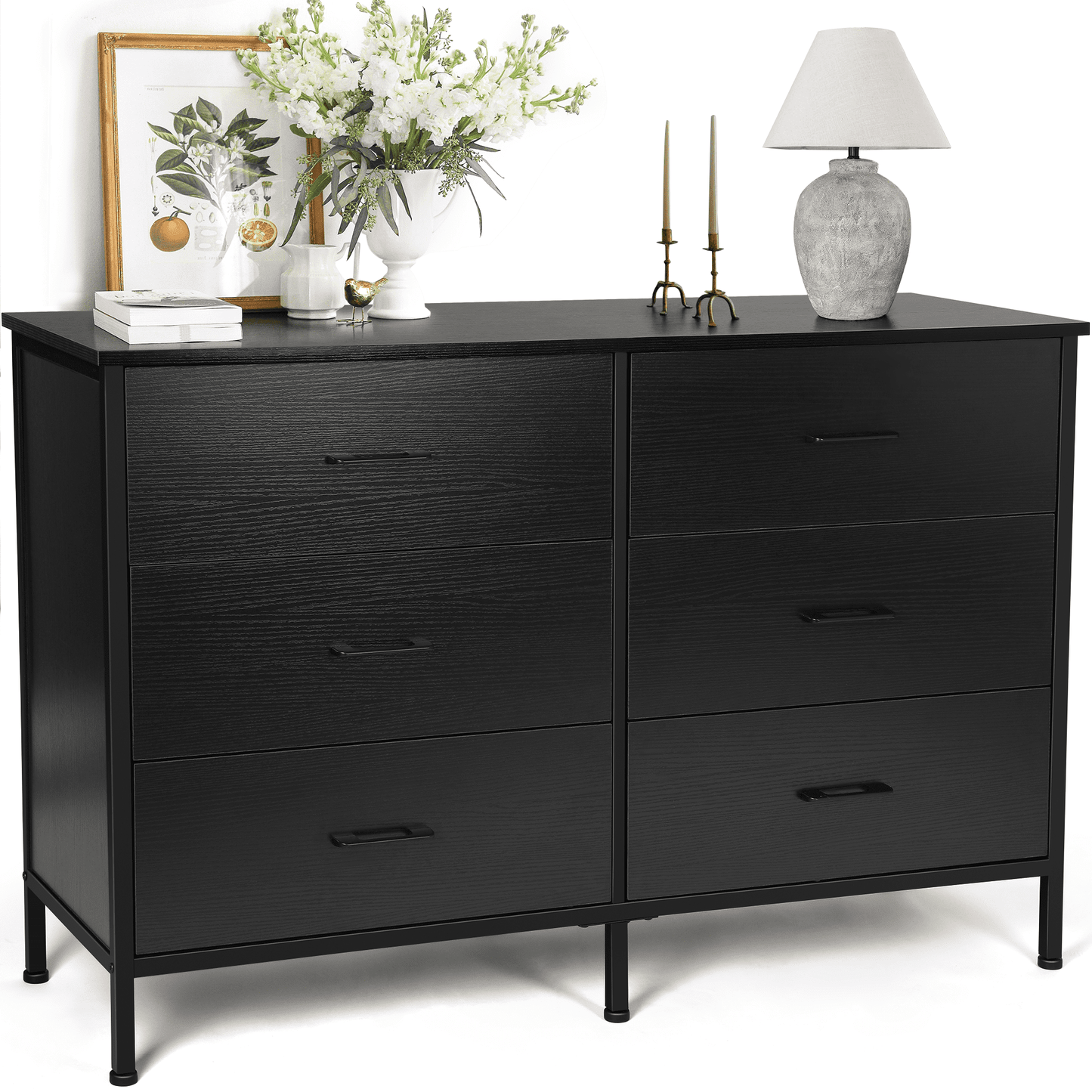 Extra Savings! Richya 47.3in Drawer Dresser Chest of 6 Drawers for Bedroom, Steel Frame, Black Storage Cabinet - Walmart.com