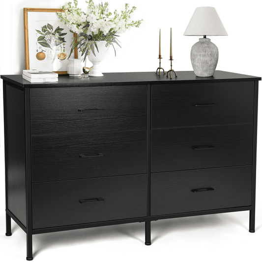 Extra Savings! Richya 47.3in Drawer Dresser Chest of 6 Drawers for Bedroom, Steel Frame, Black Storage Cabinet - Walmart.com