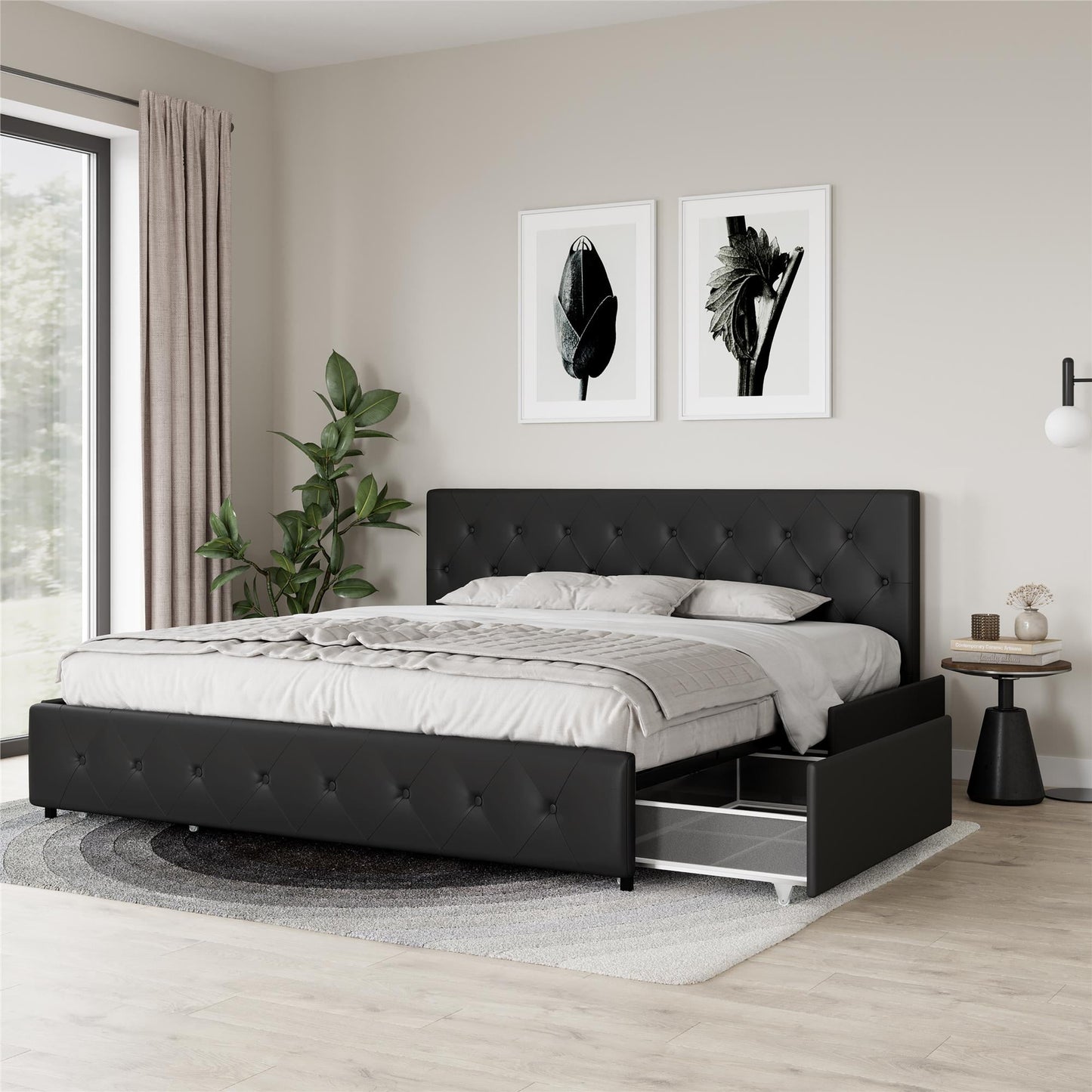 DHP Dakota Tufted Upholstered Storage Bed Frame, King, Black Faux Leather
