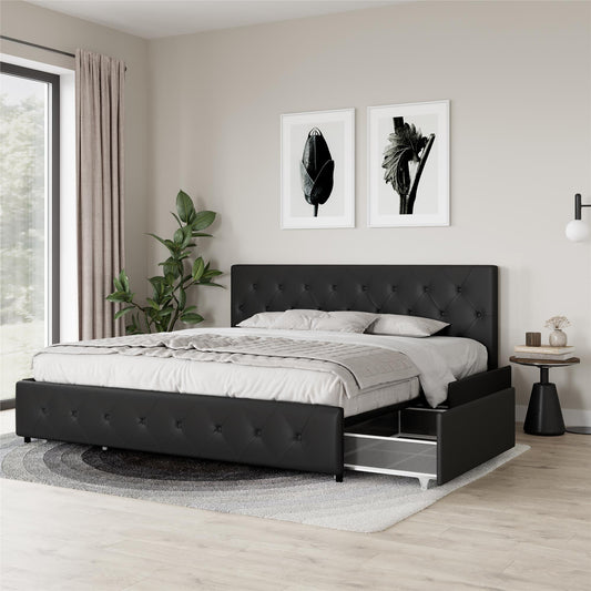 DHP Dakota Tufted Upholstered Storage Bed Frame, King, Black Faux Leather