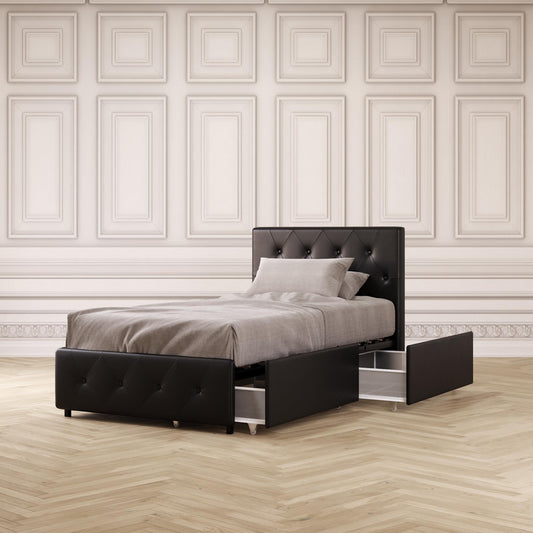 DHP Dakota Tufted Upholstered Storage Bed Frame, Twin, Black Faux Leather