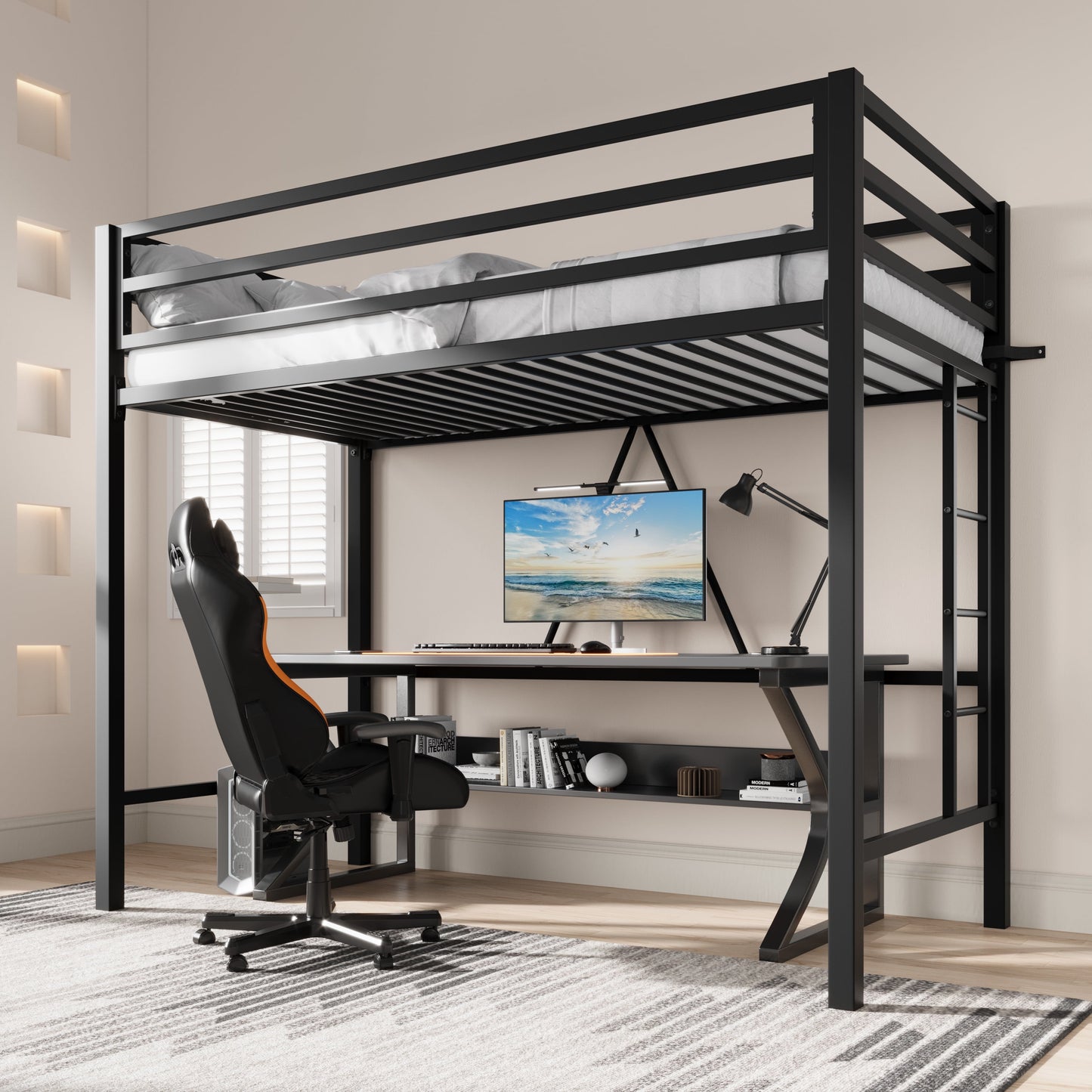 CERLIN Heavy-Duty Black Metal Twin Loft Bed with Underneath Space, Removable Stair & Safety Guard