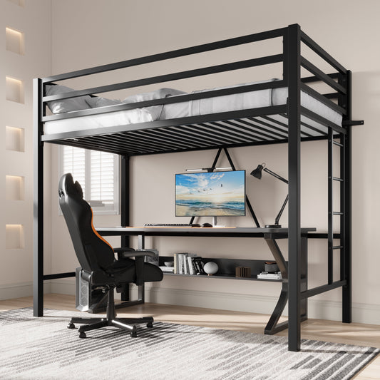 CERLIN Heavy-Duty Black Metal Twin Loft Bed with Underneath Space, Removable Stair & Safety Guard