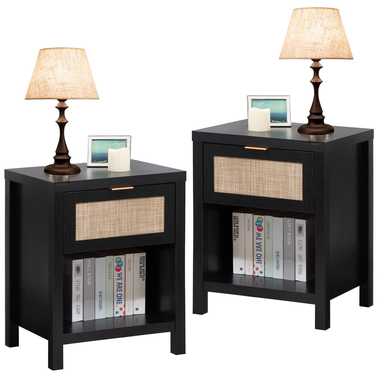 SINCEREFLY Rattan Nightstand Set of 2 with Drawer Boho Bedside Table with Open Shelf Black Night Stand for Bedroom