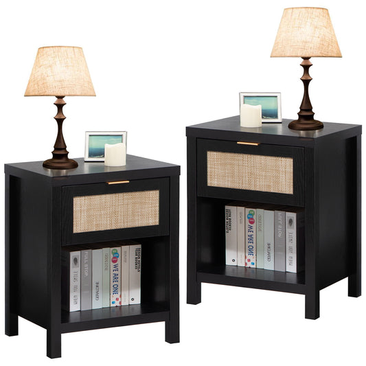 SINCEREFLY Rattan Nightstand Set of 2 with Drawer Boho Bedside Table with Open Shelf Black Night Stand for Bedroom