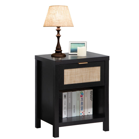 SINCEREFLY Rattan Nightstand with Drawer Boho Bedside Table with Open Shelf Black Night Stand for Bedroom