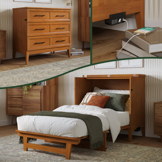 AFI Santa Fe Twin Wood Murphy Bed Chest with Mattress and Built-in Charger, Light Toffee