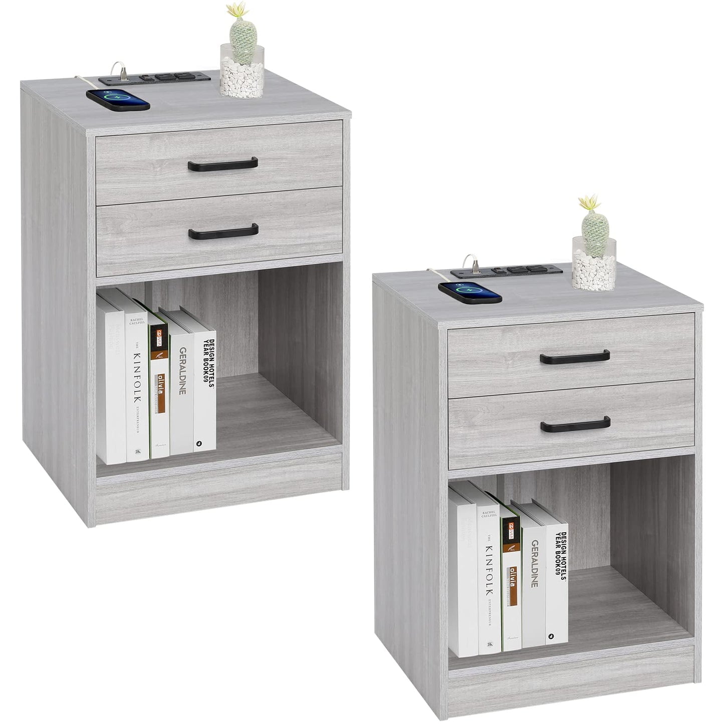 Nightstands Set of 2,Grey Nightstand with Charging Station and Drawers,Night Stands for Bedrooms,Gray