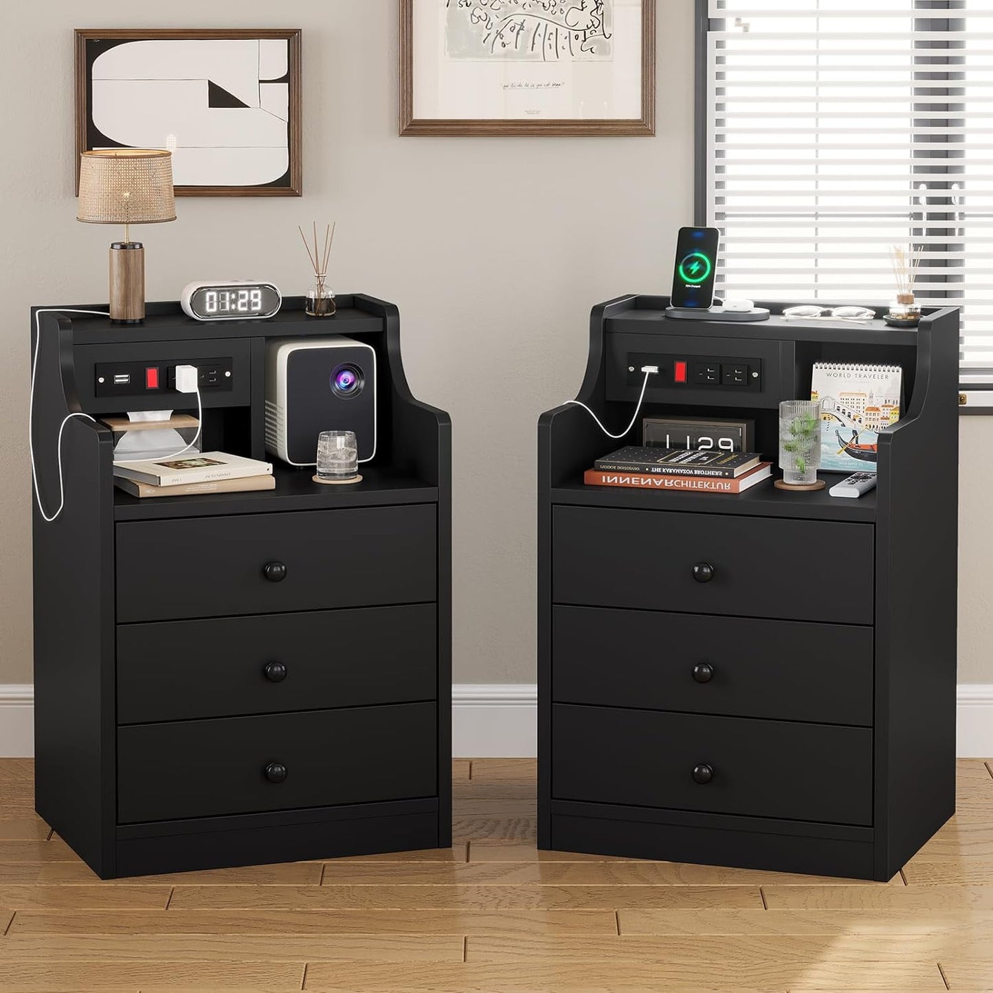 Nightstands Set of 2,Black Nightstand with Hutch and 3 Drawers,Bedside Table with Charging Station for Bedrooms