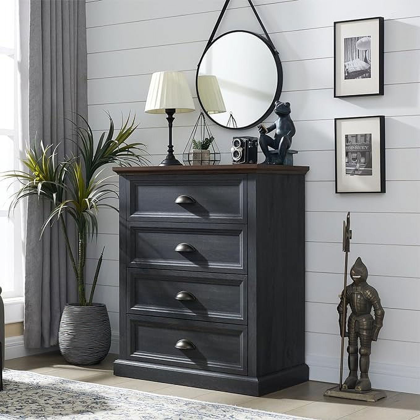 SinCiDo Rustic 4-Drawer Bedroom Dresser, Farmhouse Style, Tall Wood Storage Organizer - Dark Grey