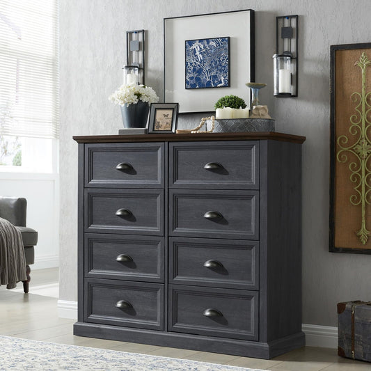 SinCiDo Solid Wooden 8 Drawer Dresser for Bedroom, Farmhouse Rustic Tall Organizer Storage, Dark Grey
