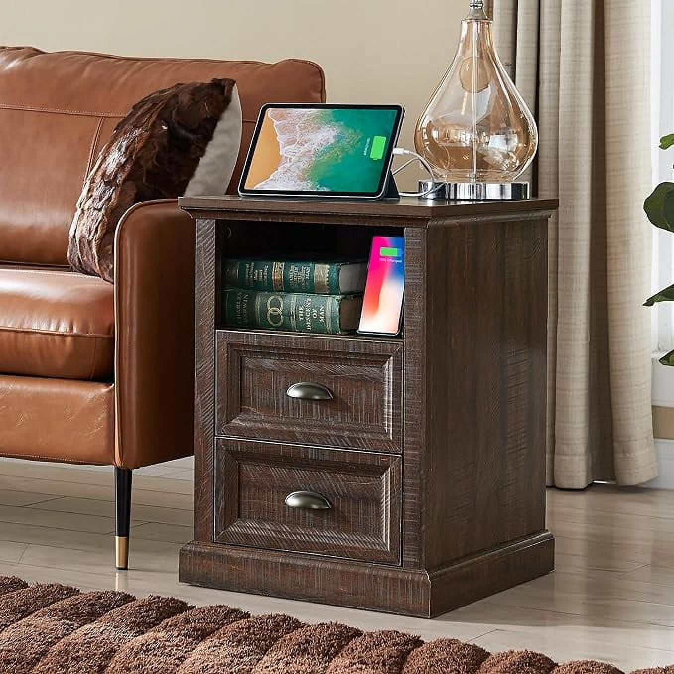 SinCiDo End Table, Dresser for Bedroom with 2 Drawers, Small Wood Rustic Nightstand with Charging Station for Living Room