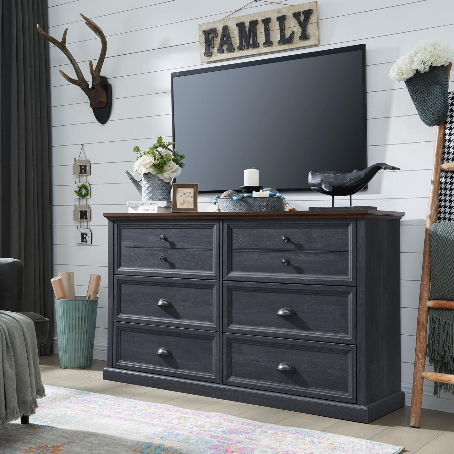 SinCiDo Farmhouse Dresser for Bedroom w/6 Drawers, Wood Rustic Tall Dresser Chest of Drawer for Closet, Living Room