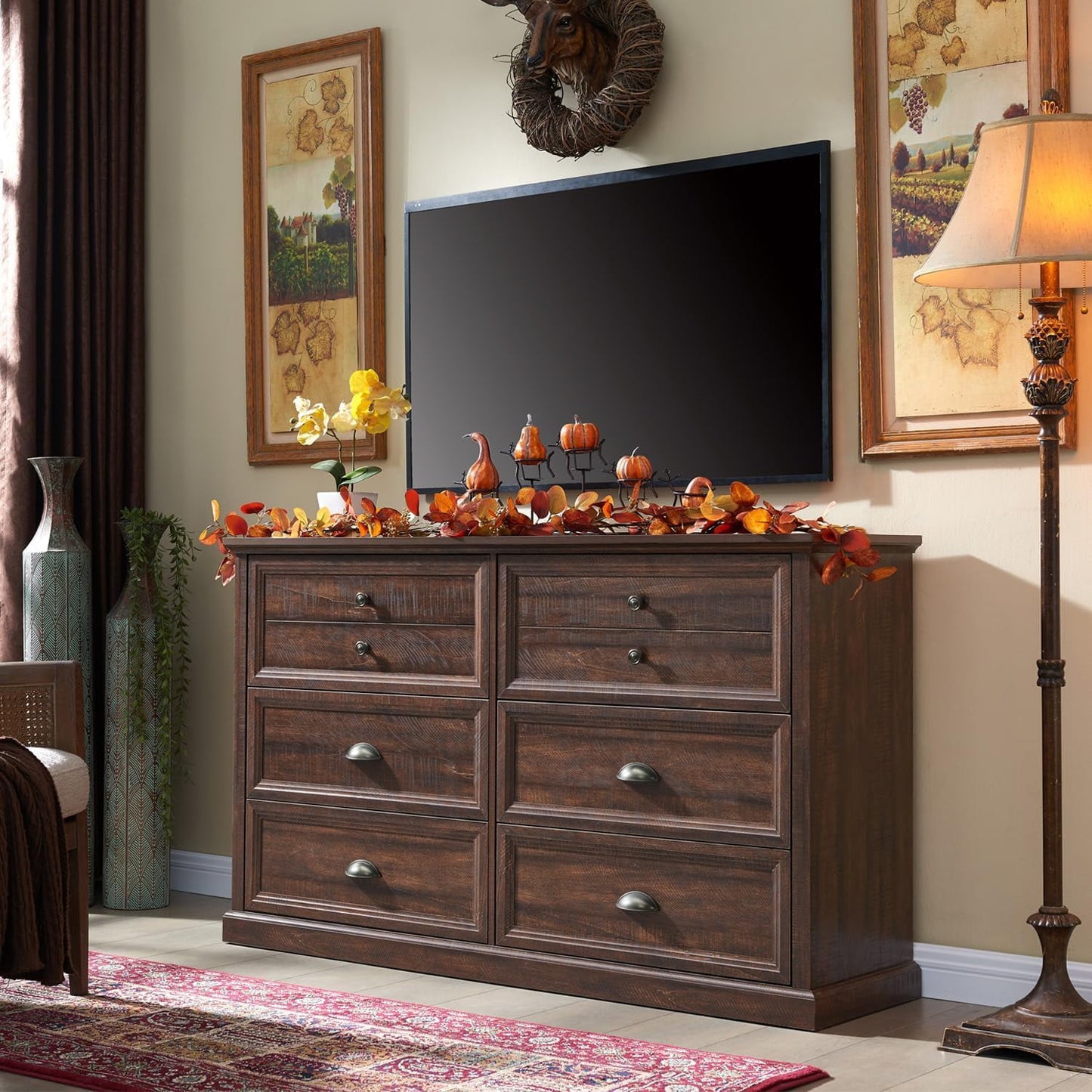 SinCiDo Farmhouse Dresser for Bedroom w/6 Drawers, Wood Rustic Tall Dresser Chest of Drawer for Closet, Living Room