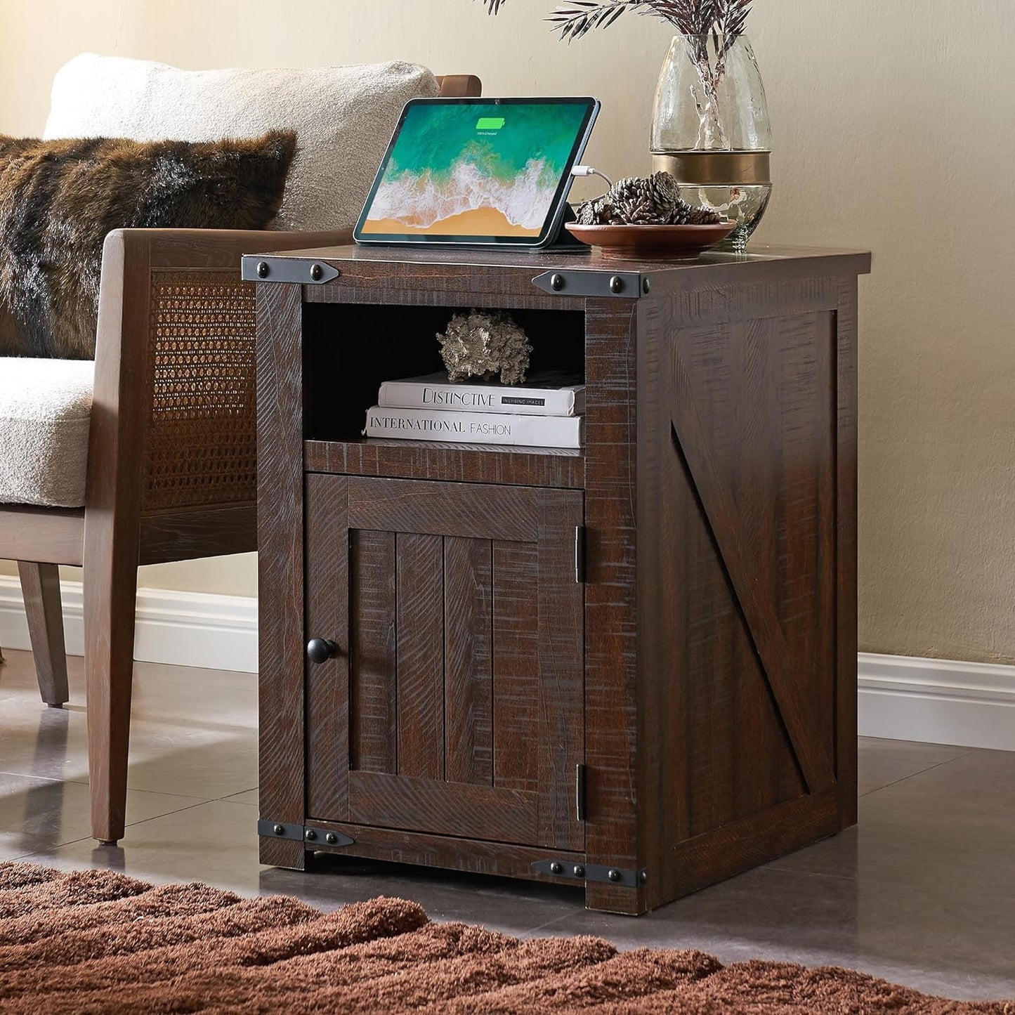 SinCiDo Farmhouse Furniture Living Room Decor, Tall TV Stand for 80 Inch TVs, Lift Top Coffee Table with Storage, End Table with Charging Station