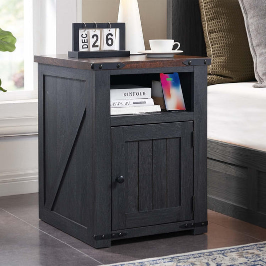 SinCiDo Nightstand with Charging Station, 20in Farmhouse End Table w/Groove Barn Door, Bedside Table
