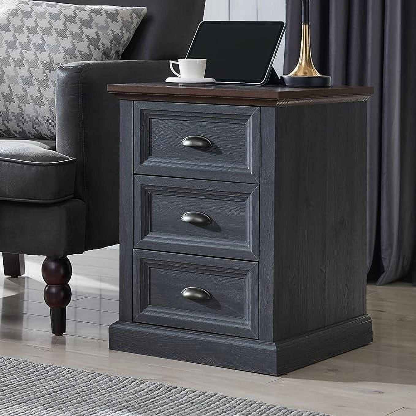 SinCiDo Bedside Nightstand with Charging Station, 3 Drawer Dresser, Rustic Wood End Table - Dark Grey