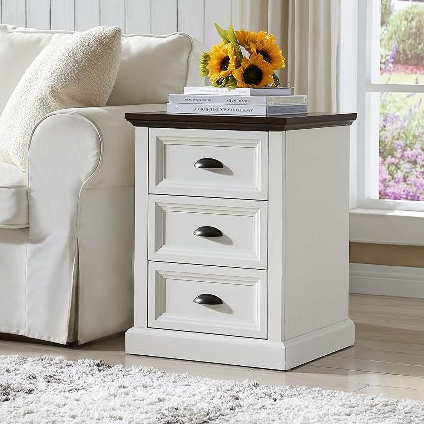 SinCiDo White Nightstand with Charging Station, 3 Drawer Dresser for Bedroom,Small Wood Rustic Dresser with Drawers,End Table Side Table for Bedroom,Living Room, Wihte