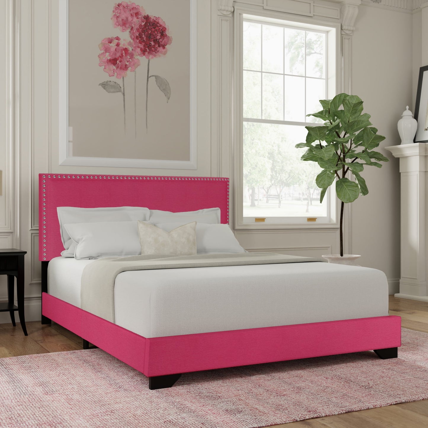Skylar Nailhead Trim Upholstered Full Platform Bed, Pink