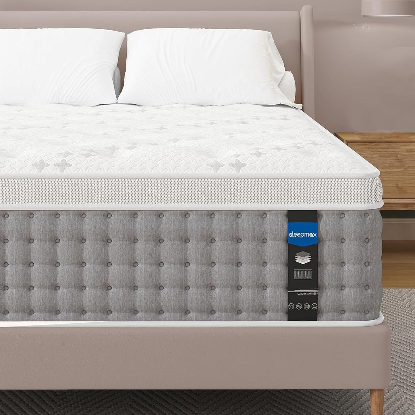 Sleepmax King Mattress 12 Inch - Hotel-Collection Hybrid Mattress Pain Relief - Deep Sleep Firm Mattress Extra Lumbar Support - Motion-Isolation Bed in a Box, CertiPUR-US Certified, 365-Night Trial