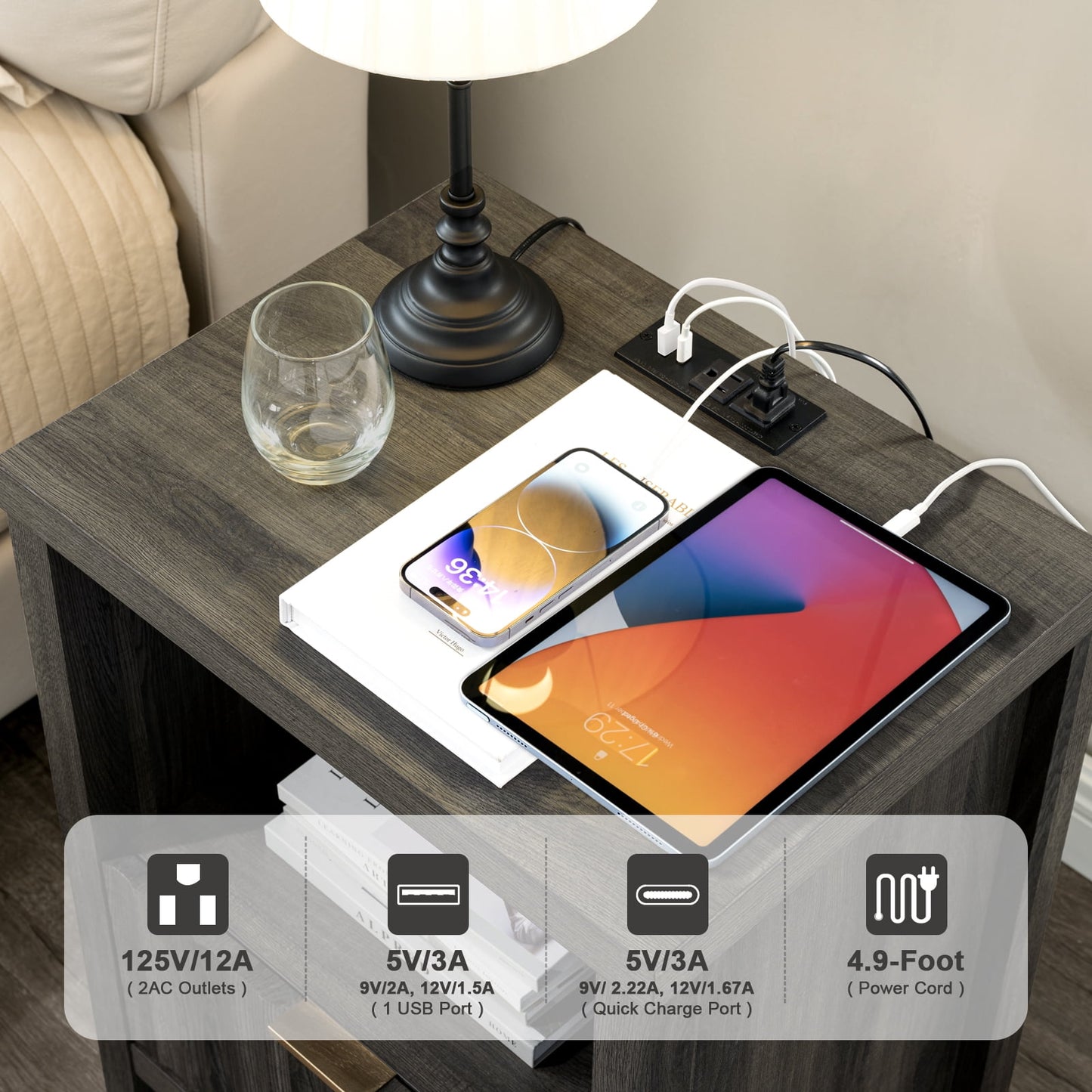 OAKHAM Nightstand with Charging Station, Bedside Tables with USB/Type-C Ports, Farmhouse Side Table End Table for Bedroom, Living Room, Midnight Oak