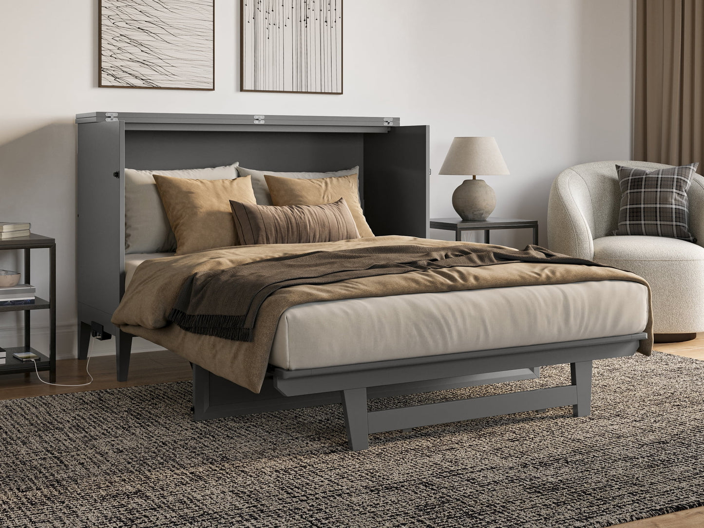 AFI Santa Fe Full Wood Murphy Bed Chest with Mattress and Built-in Charger, Grey