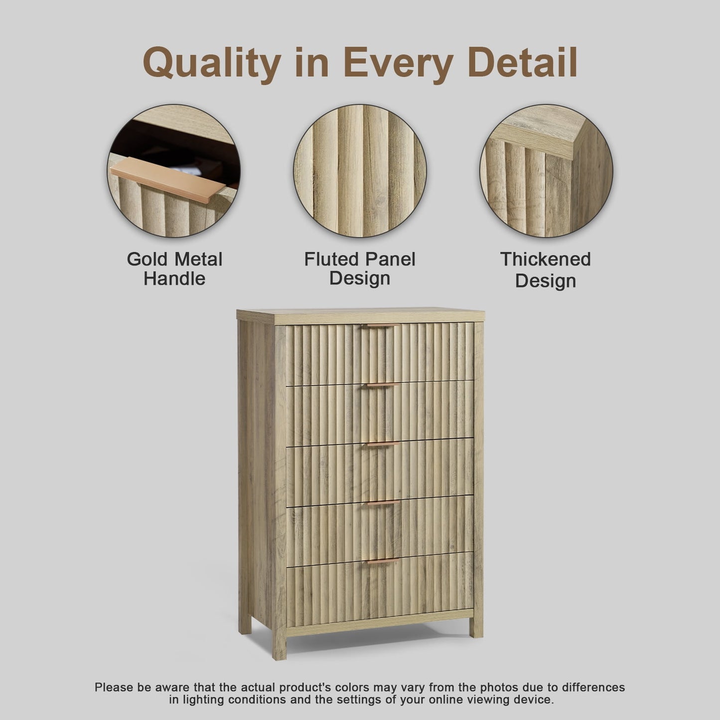 OAKHAM 5 Drawer Dresser, Fluted Vertical Chest of Drawers for Bedroom Living Room, Sunwashed Ash Oak