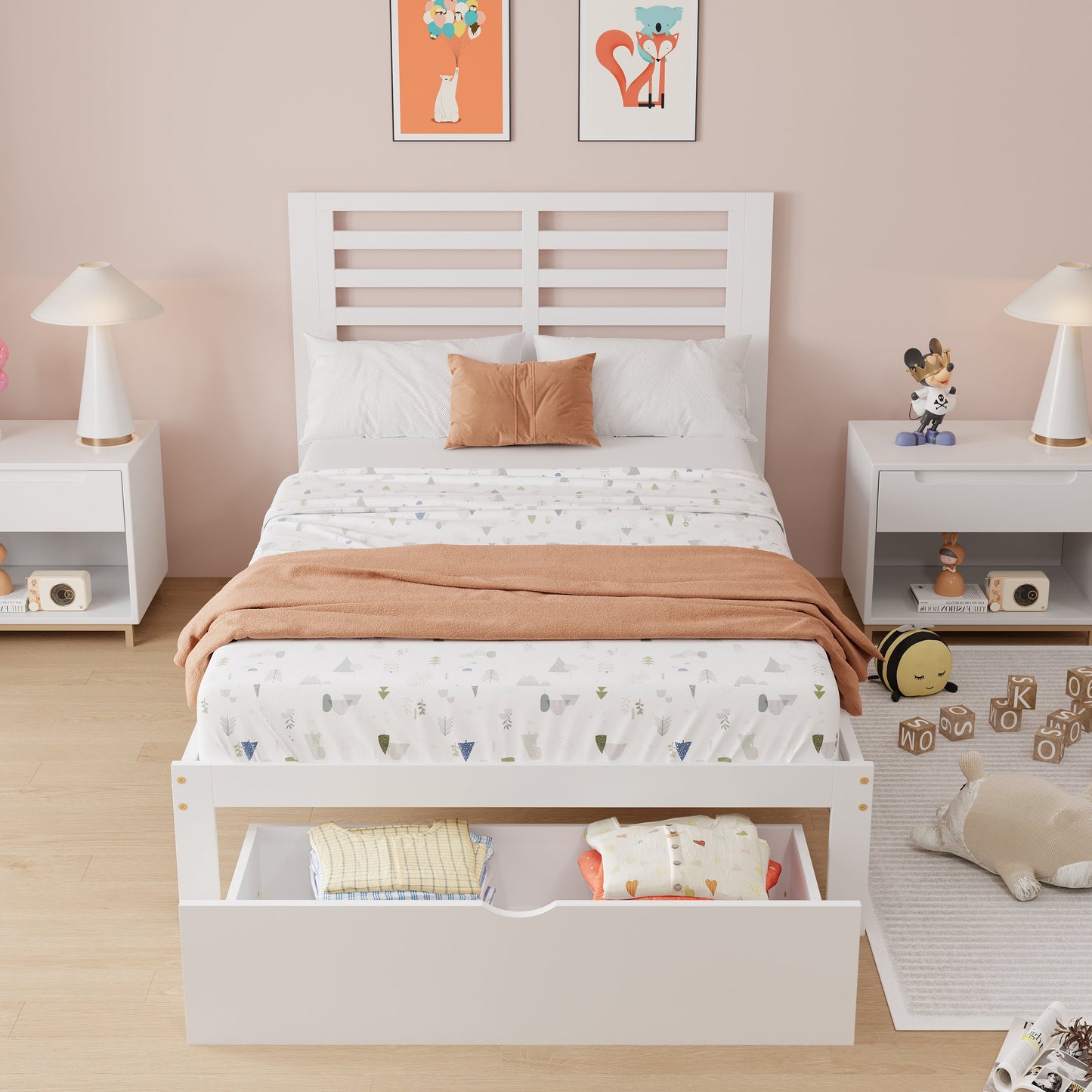 UHOMEPRO Twin Kids Platform Bed Frame with Headboard, Wood Twin Bed Frame Storage Bed for Bedroom, Modern Twin Size Bed Frame with Drawer, Wood Slats Support, No Box Spring Needed, White