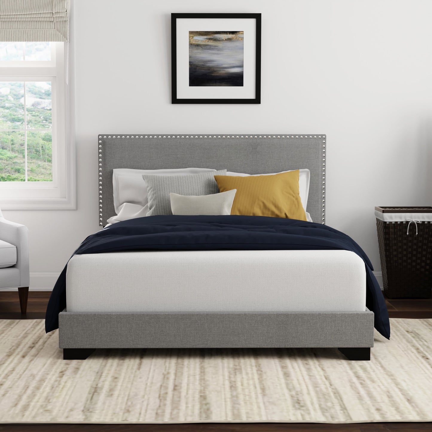 Skylar Nailhead Trim Upholstered Full Platform Bed, Glacier