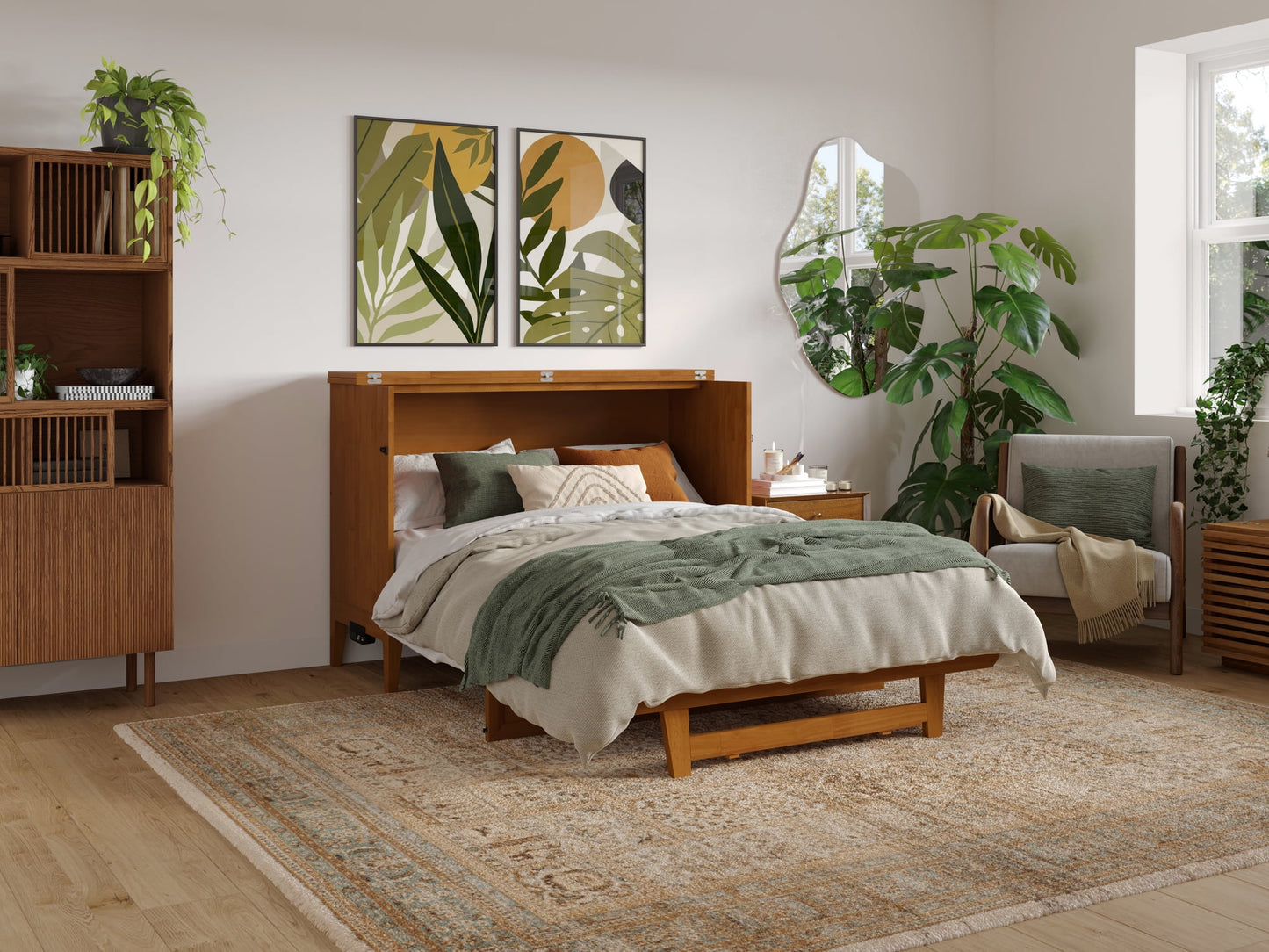 AFI Santa Fe Full Wood Murphy Bed Chest with Mattress and Built-in Charger, Light Toffee