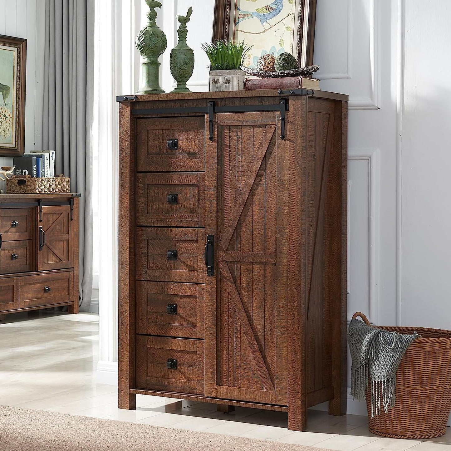 Extra Savings! OKD Modern Farmhouse 5-Drawer Dresser with Barn Door, Adjustable Storage Cabinet for Bedroom Living Room, Reclaimed Barnwood Color - Walmart.com