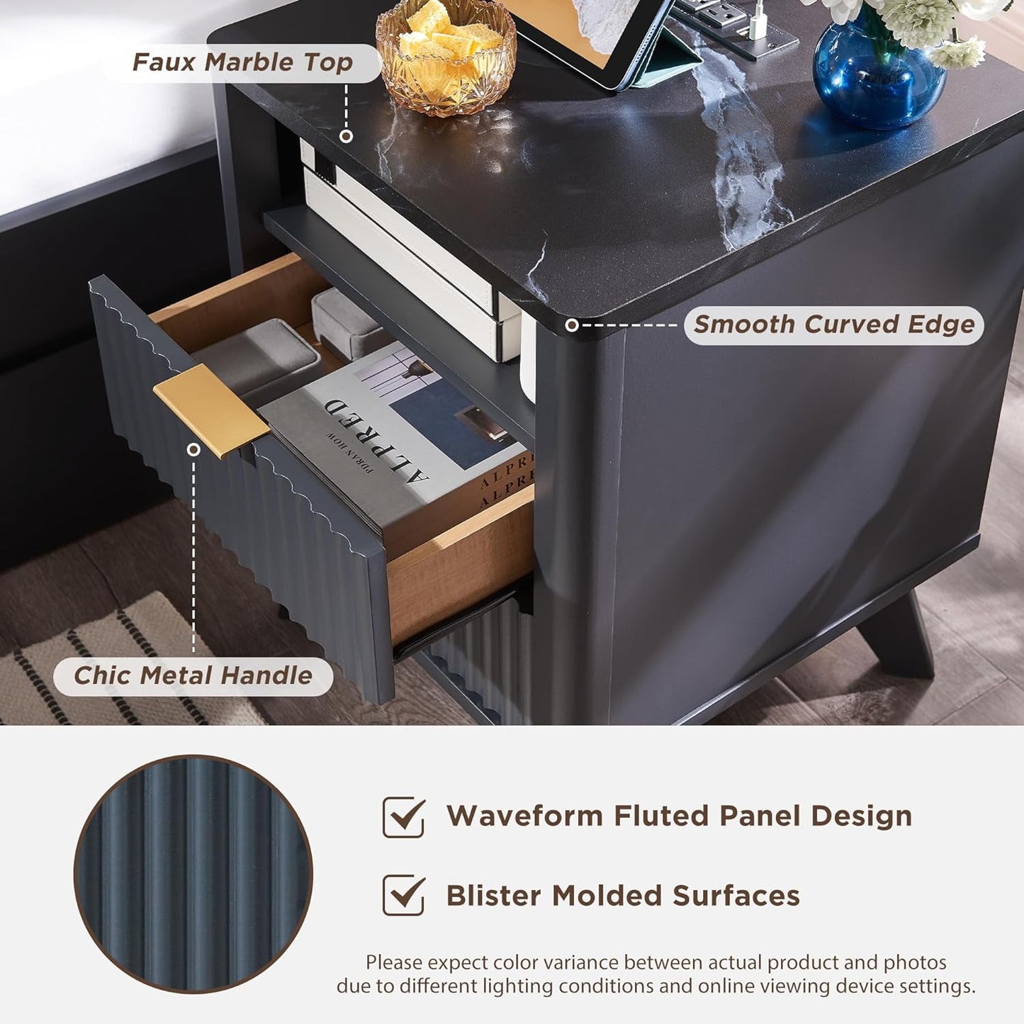 OKD 2-Drawer Mid-Century Nightstand with Charging Station, End Table for Living Room Bedroom, Fluted Panel, Dark Grey